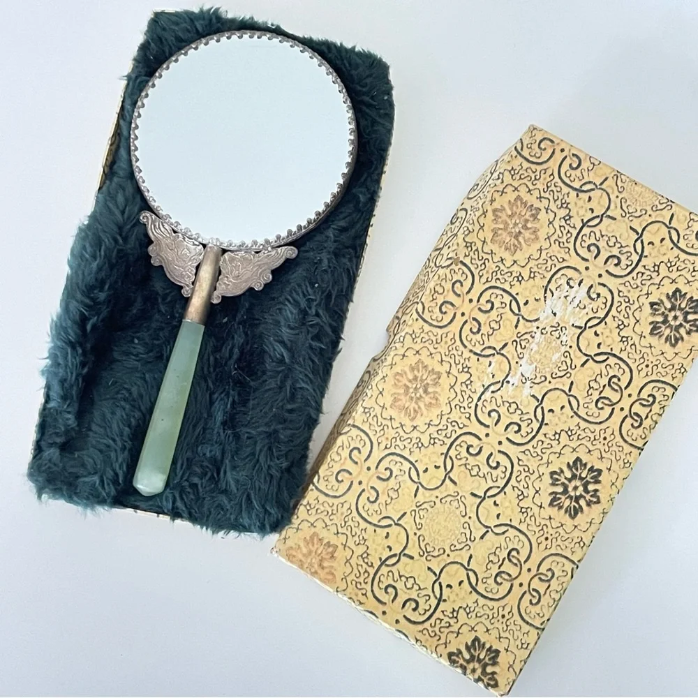 Vintage hand held vanity mirror jade handle silver tone birds floral metal
